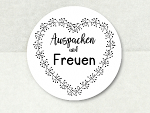 Sticker Aufkleber Auspacken und Freuen, schwarz weiß 5 cm, HERZ Blütenkranz
